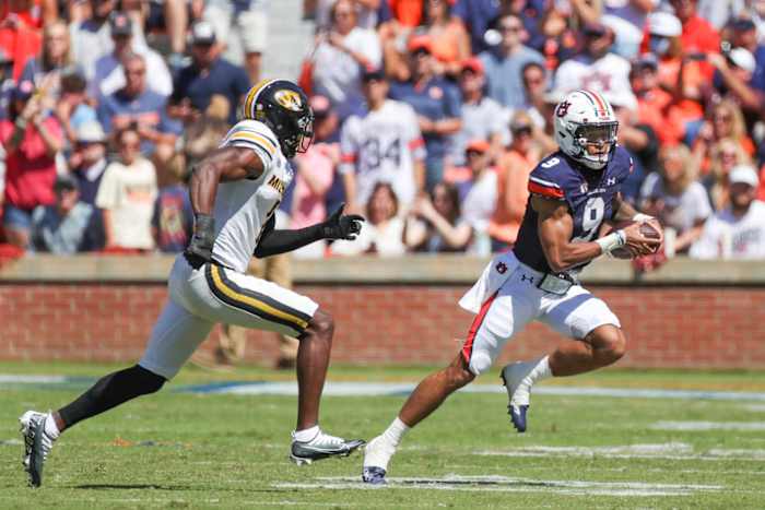 Auburn Tigers quarterback Robby Ashford (9) scrambles free during the game between the Missouri Tigers and the Auburn Tigers at Jordan-Hare Stadium on Sept. 24, 2022.