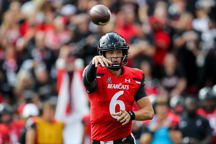 Sep 24, 2022; Cincinnati, Ohio, USA; Cincinnati Bearcats quarterback Ben Bryant (6) throws a pass against the Indiana Hoosiers in the first half at Nippert Stadium. Mandatory Credit: Katie Stratman-USA TODAY Sports
