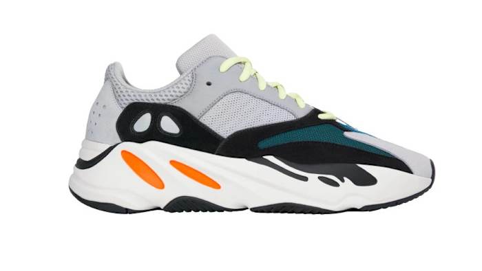 View of multi-colored Adidas Yeezy shoes.