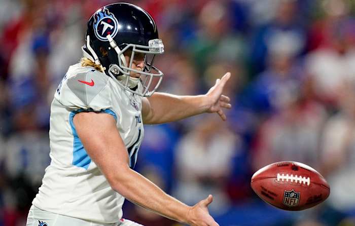 Tennessee Titans punter Ryan Stonehouse (4) punt during the second quarter against the Buffalo Bills at Highmark Stadium Monday, Sept. 19, 2022, in Orchard Park, New York.