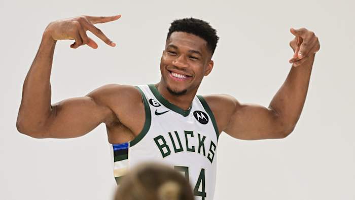 Giannis Antetokoumpo at Bucks media day