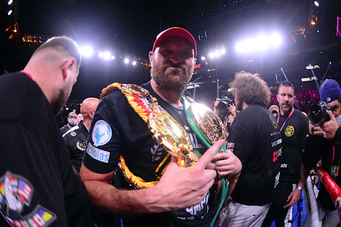 Tyson Fury celebrates after knocking out Deontay Wilder (not pictured) during their WBC/Lineal heavyweight championship boxing match at T-Mobile Arena.