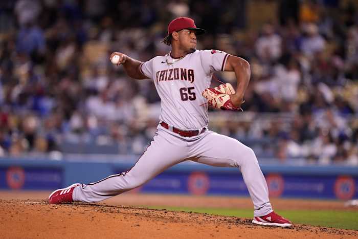 Sep 19, 2022; Los Angeles, California, USA; Arizona Diamondbacks pitcher Luis Frias (65) throws in the eighth inning against the Los Angeles Dodgers at Dodger Stadium. Mandatory Credit: Kirby Lee-USA TODAY Sports