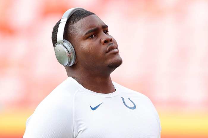 Indianapolis Colts offensive tackle Le'Raven Clark (62)before the start of their game against the Kansas City Chiefs at Arrowhead Stadium in Kansas City, MO., on Sunday, Oct., 5, 2019.