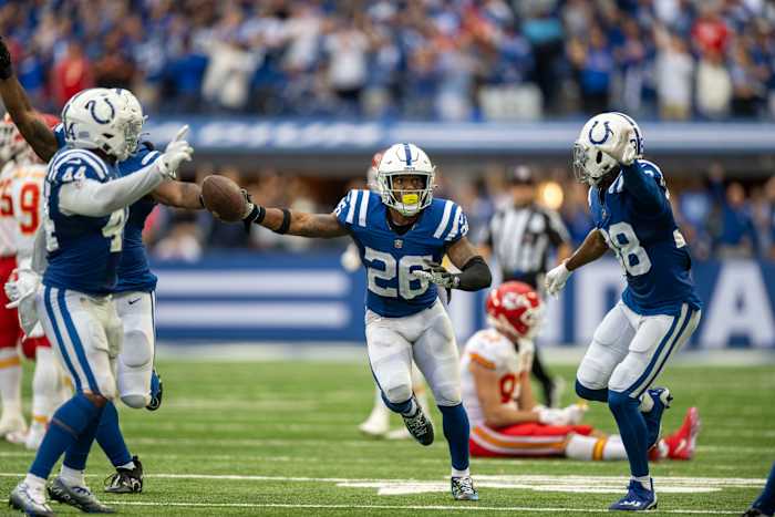 Sep 25, 2022; Indianapolis, Indiana, USA; Indianapolis Colts safety Rodney McLeod (26) celebrates intercepting a ball in the second half against the Kansas City Chiefs at Lucas Oil Stadium. Mandatory Credit: Marc Lebryk-USA TODAY Sports