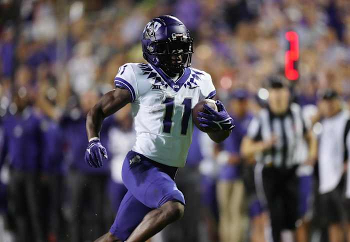 Sep 2, 2022; Boulder, Colorado, USA; TCU Horned Frogs wide receiver Derius Davis (11) carries the ball for a touchdown in the fourth quarter against the Colorado Buffaloes at Folsom Field. Mandatory Credit: Ron Chenoy-USA TODAY Sports
