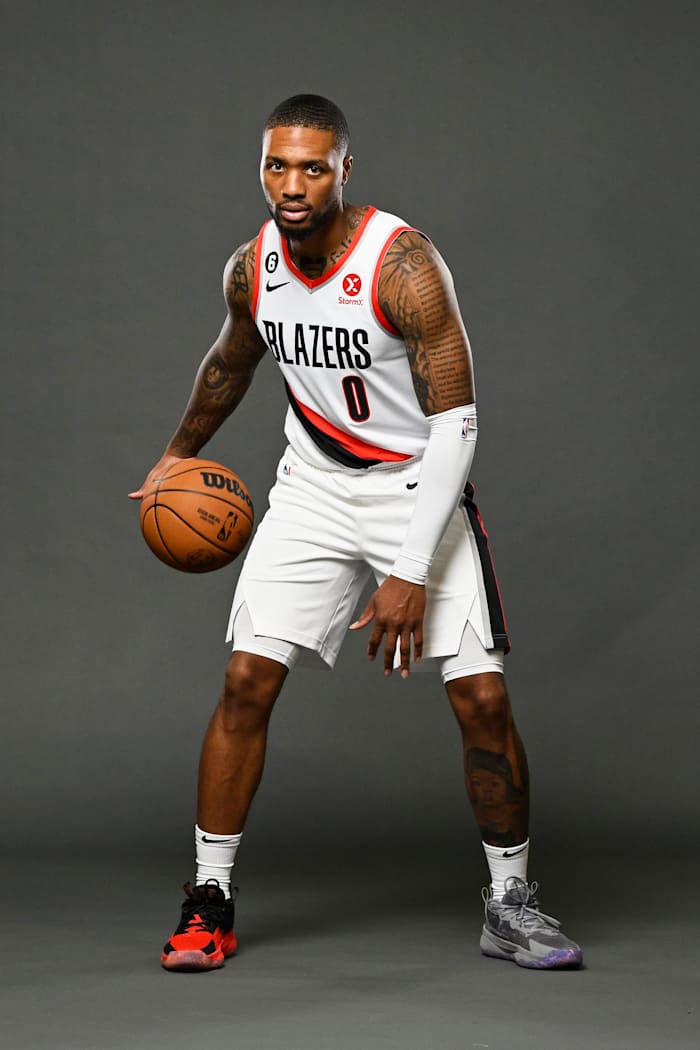 Damian Lillard poses for a picture during media day.