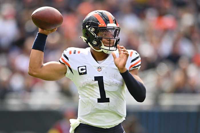 Sep 25, 2022; Chicago, Illinois, USA; Chicago Bears quarterback Justin Fields (1) passes in the third quarter against the Houston Texans at Soldier Field. Chicago defeated Houston 23-20.