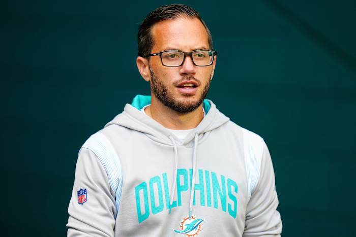 Sep 25, 2022; Miami Gardens, Florida, USA; Miami Dolphins head coach Mike McDaniel enters the field prior to a game against the Buffalo Bills at Hard Rock Stadium. Mandatory Credit: Rich Storry-USA TODAY Sports