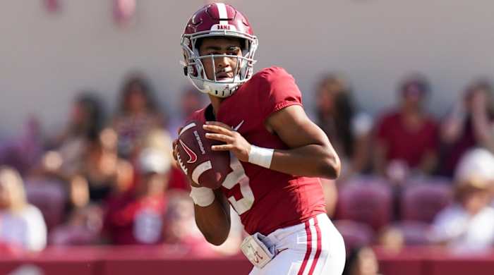 Alabama quarterback Bryce Young looks to pass against Louisiana Monroe.