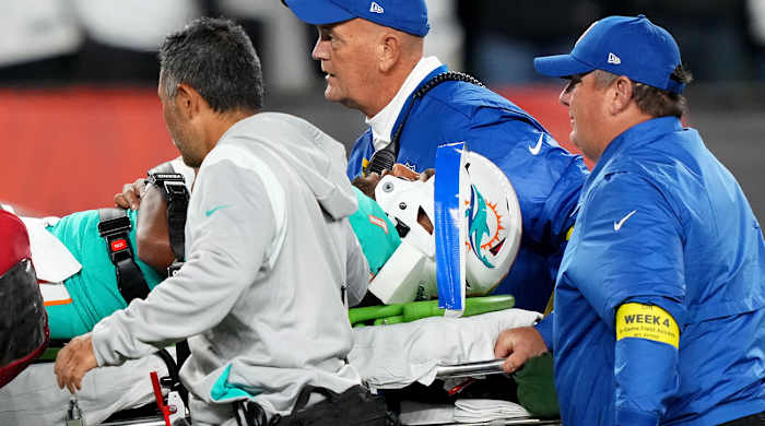 Tua Tagovailoa is taken off the field on a stretcher.