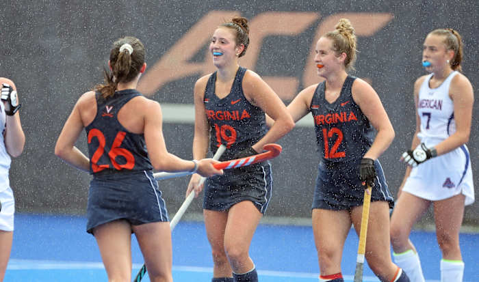 Dani Mendez-Trendler celebrates after scoring a goal for the Virginia field hockey team.