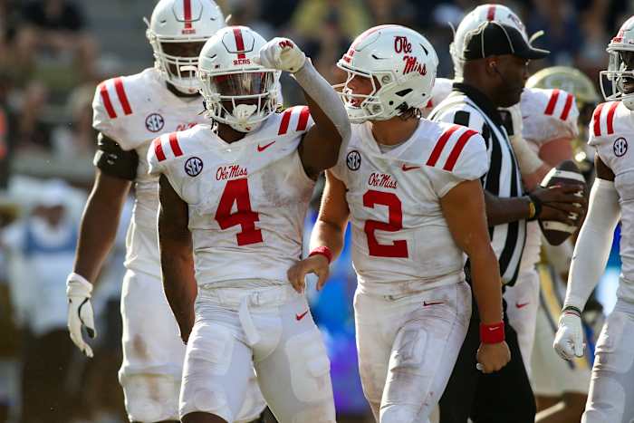 Sep 17, 2022; Atlanta, Georgia, USA; Mississippi Rebels running back Quinshon Judkins (4) celebrates with quarterback Jaxson Dart (2) after a touchdown against the Georgia Tech Yellow Jackets in the second half at Bobby Dodd Stadium. Mandatory Credit: Brett Davis-USA TODAY Sports