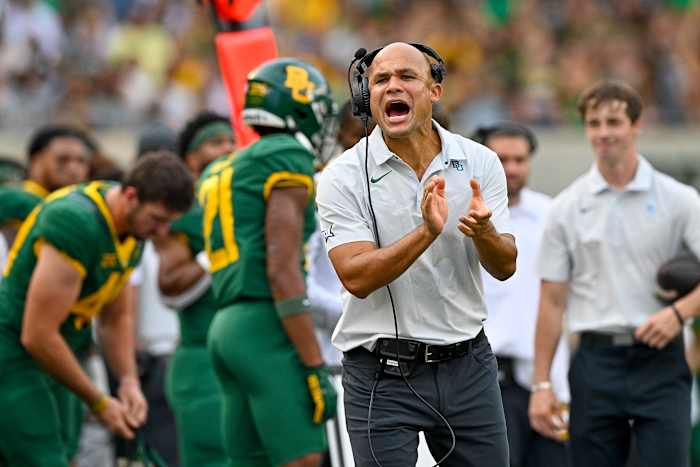 Sep 3, 2022; Waco, Texas, USA; Baylor Bears head coach Dave Aranda cheers for this team during the first quarter against the Albany Great Danes at McLane Stadium. Mandatory Credit: Jerome Miron-USA TODAY Sports