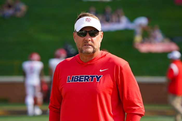 Sep 17, 2022; Winston-Salem, North Carolina, USA; Liberty Flames head coach Hugh Freeze looks on against the Wake Forest Demon Deacons before the game at Truist Field. Mandatory Credit: James Guillory-USA TODAY Sports