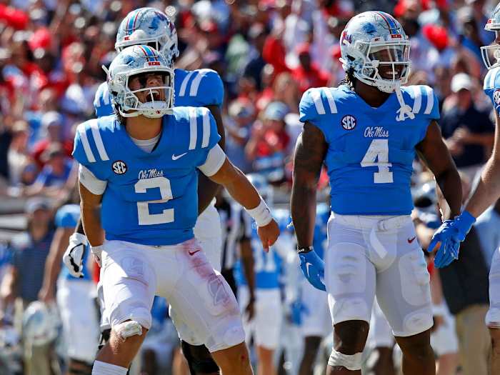 Ole Miss QB Jaxson Dart yells in celebration