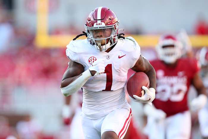 Alabama Crimson Tide running back Jahmyr Gibbs (1) rushes for a touchdown in the fourth quarter against the Arkansas Razorbacks at Donald W. Reynolds Razorback Stadium. Alabama won 49-26.