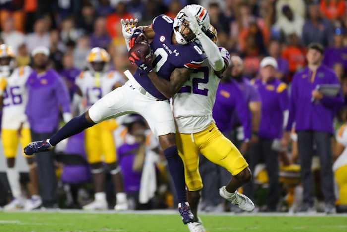 Auburn Tigers wide receiver Koy Moore (0) makes the catch for 29 yards during the game between the LSU Tigers and the Auburn Tigers at Jordan-Hare Stadium on Oct. 1, 2022.