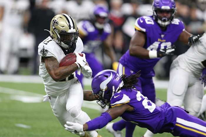 Jan 5, 2020; New Orleans Saints wide receiver Deonte Harris (11) after a catch against the Minnesota Vikings during a NFC Wild Card game. Mandatory Credit: Chuck Cook -USA TODAY Sports