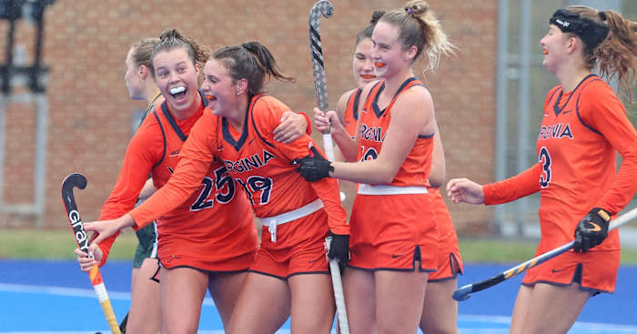 The Virginia field hockey team celebrates after scoring a goal during UVA's 3-0 victory over William & Mary.