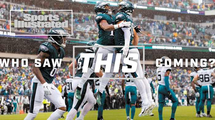 Kenneth Gainwell and Dallas Goedert celebrate a touchdown against the Jaguars