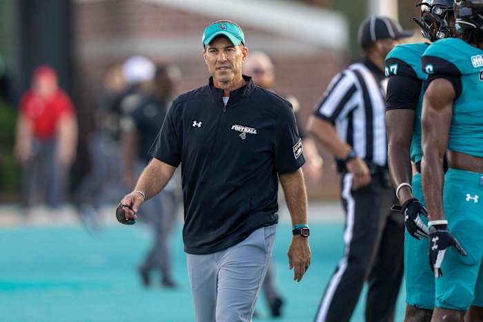 Coastal Carolina head coach Jamey Chadwell watching warmups.