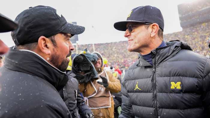 Ryan Day and Jim Harbaugh meet postgame to shake hands