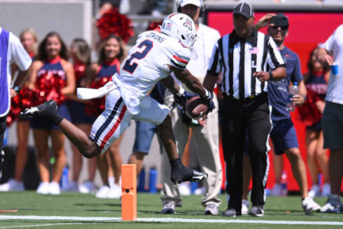 Arizona Wildcats wide receiver Jacob Cowing (2) scores a touchdown against the San Diego State Aztecs during the first half at Snapdragon Stadium