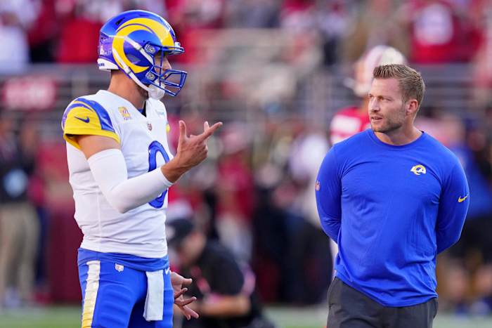 Los Angeles Rams quarterback Matthew Stafford (left) and head coach Sean McVay talk during warmups before the game against the San Francisco 49ers at Levi's Stadium.