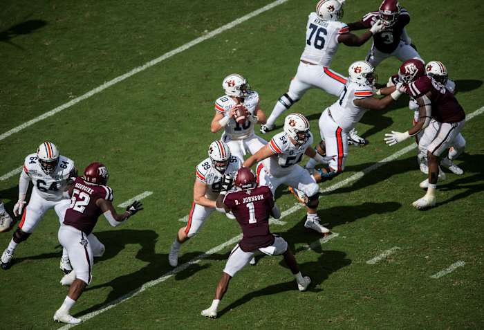 Auburn quarterback Bo Nix (10) looks to throw the ball at Kyle Field in College Station, Texas, on Saturday, Sept. 21, 2019. Auburn defeated Texas A&M 28-20. Jc Auburntamu 98