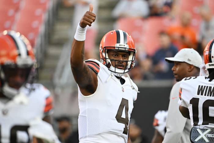 Aug 27, 2022; Cleveland, Ohio, USA; Cleveland Browns quarterback Deshaun Watson (4) gives a thumbs up to fans before the game between the Browns and the Chicago Bears at FirstEnergy Stadium. Mandatory Credit: Ken Blaze-USA TODAY Sports