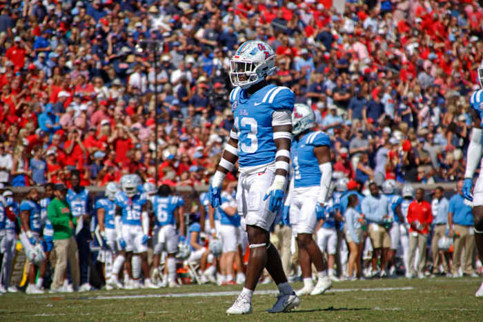Ole Miss Rebels Ladarius Tennison takes the field versus the Kentucky Wildcats in 2022.