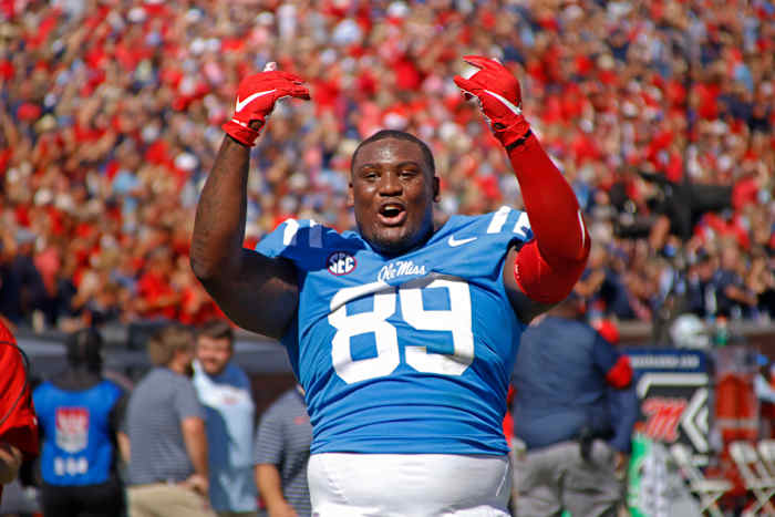 Ole Miss Rebels defensive lineman JJ Pegues on the sidelines during the 2022 home matchup vs. the Kentucky Wildcats.