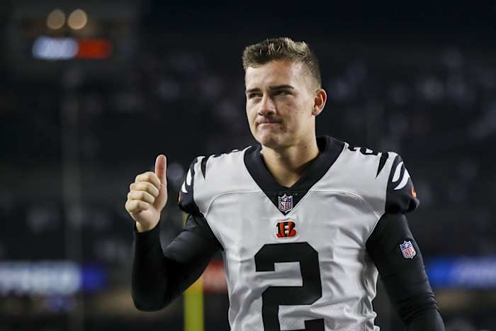 Sep 29, 2022; Cincinnati, Ohio, USA; Cincinnati Bengals place kicker Evan McPherson (2) walks off the field after their victory over the Miami Dolphins at Paycor Stadium. Mandatory Credit: Katie Stratman-USA TODAY Sports