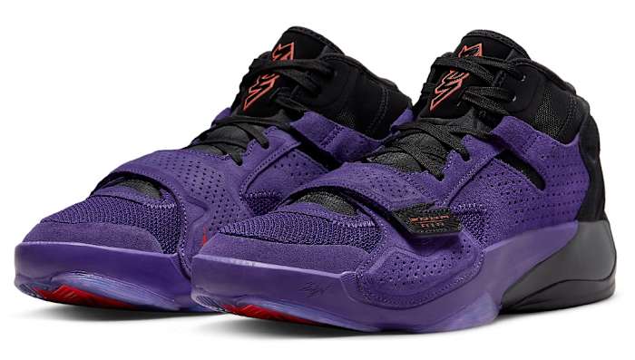 Purple and black Jordan Zion 2 shoes.