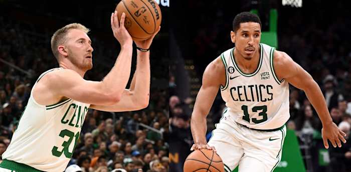 Sam Hauser and Malcolm Brogdon during the Boston Celtics' preseason game against the Toronto Raptors.