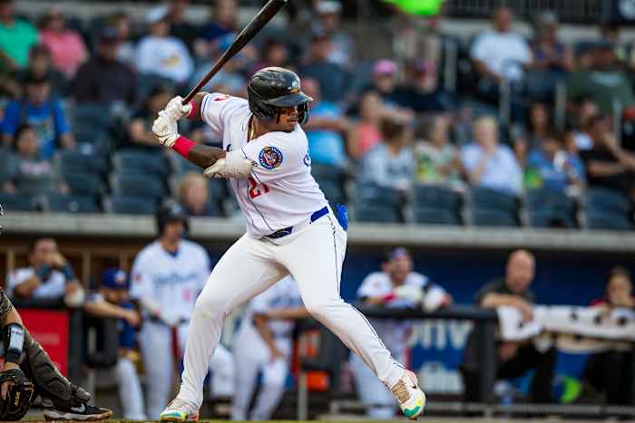 Deyvison De Los Santos (27) prepares to swing at a pitch. Mandatory Credit: John E. Moore III-Getty Images