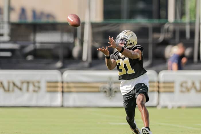 Jul 29, 2022; New Orleans Saints cornerback Bryce Thompson (31) works on defensive drills during training camp at Ochsner Sports Performance Center. Mandatory Credit: Stephen Lew-USA TODAY Sports