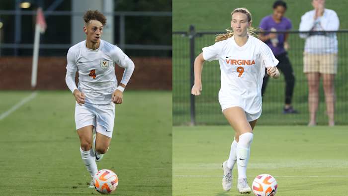 Virginia men's soccer defenseman Paul Wiese and Virginia women's soccer forward Meredith McDermott