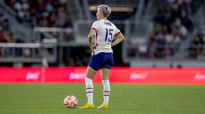 Megan Rapinoe waits before a free kick during a friendly between USWNT and Nigeria.