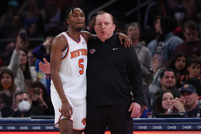 New York Knicks guard Immanuel Quickley and coach Tom Thibodeau
