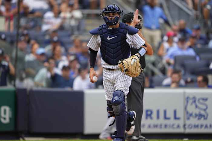 New York Yankees C Kyle Higashioka in catcher's gear