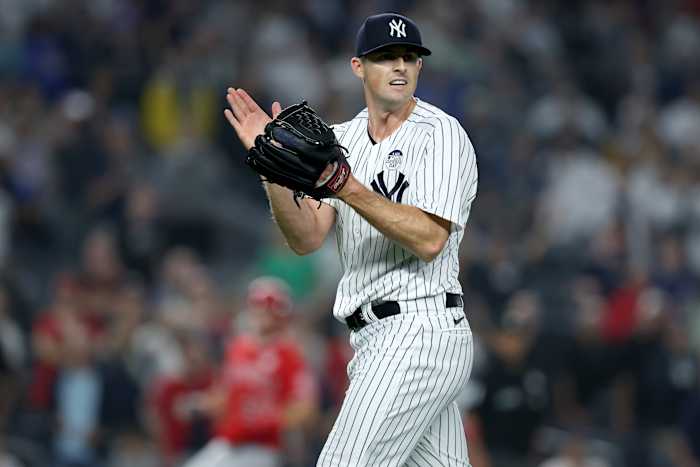 New York Yankees RP Clay Holmes claps after recording save