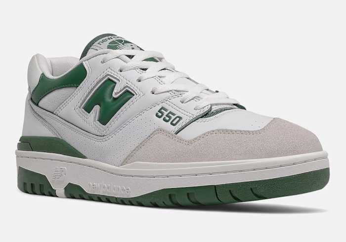 White and green New Balance 550 shoes.