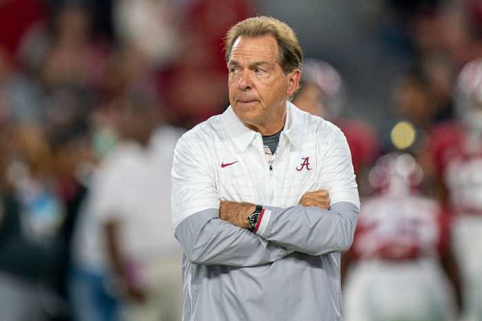 Oct 8, 2022; Tuscaloosa, Alabama, USA; Alabama Crimson Tide head coach Nick Saban prior to a game against the Texas A&M Aggies at Bryant-Denny Stadium. Mandatory Credit: Marvin Gentry-USA TODAY Sports