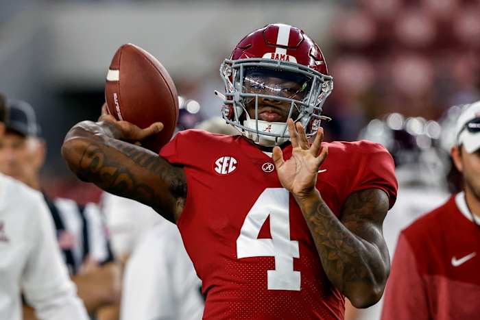 Oct 8, 2022; Tuscaloosa, Alabama, USA; Alabama Crimson Tide quarterback Jalen Milroe (4) warms up before a game against the Texas A&M Aggies at Bryant-Denny Stadium. Mandatory Credit: Butch Dill-USA TODAY Sports