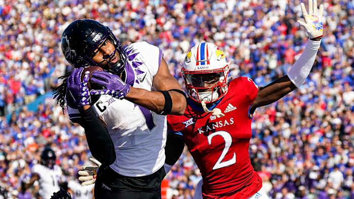 TCU’s Quentin Johnston catches a touchdown vs. Kansas