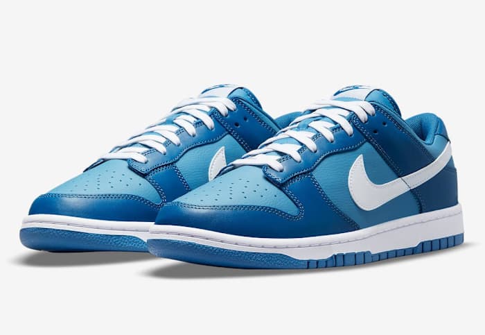 Two-toned blue Nike Dunk shoes.