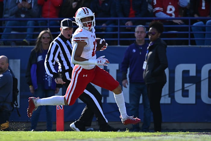 Wisconsin wide receiver Chimere Dike running into the end zone against Northwestern.