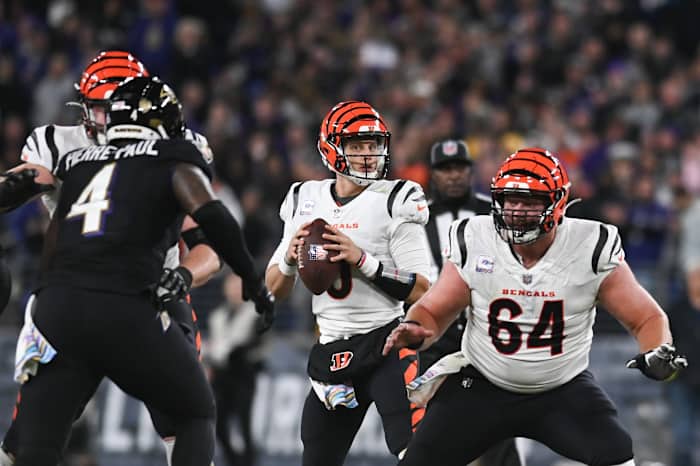 Oct 9, 2022; Baltimore, Maryland, USA; Cincinnati Bengals quarterback Joe Burrow (9) drops back top pass during the second quarter against the Baltimore Ravens at M&T Bank Stadium. Mandatory Credit: Tommy Gilligan-USA TODAY Sports